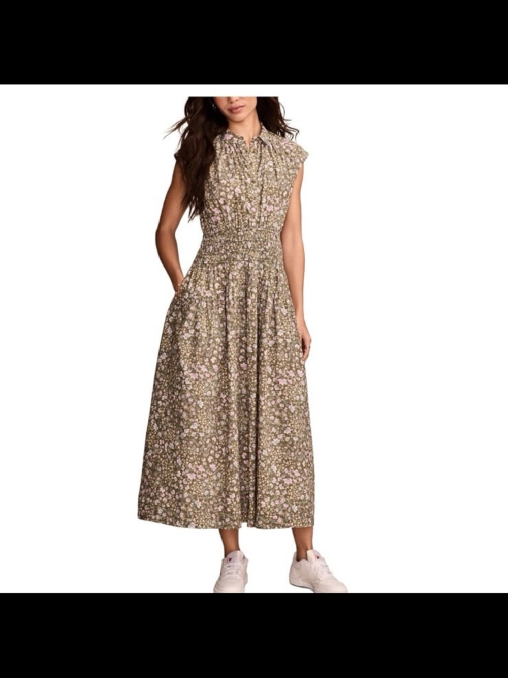 Lucky Brand Olive Green and Pink Floral Midi Dress with Smocked Waist